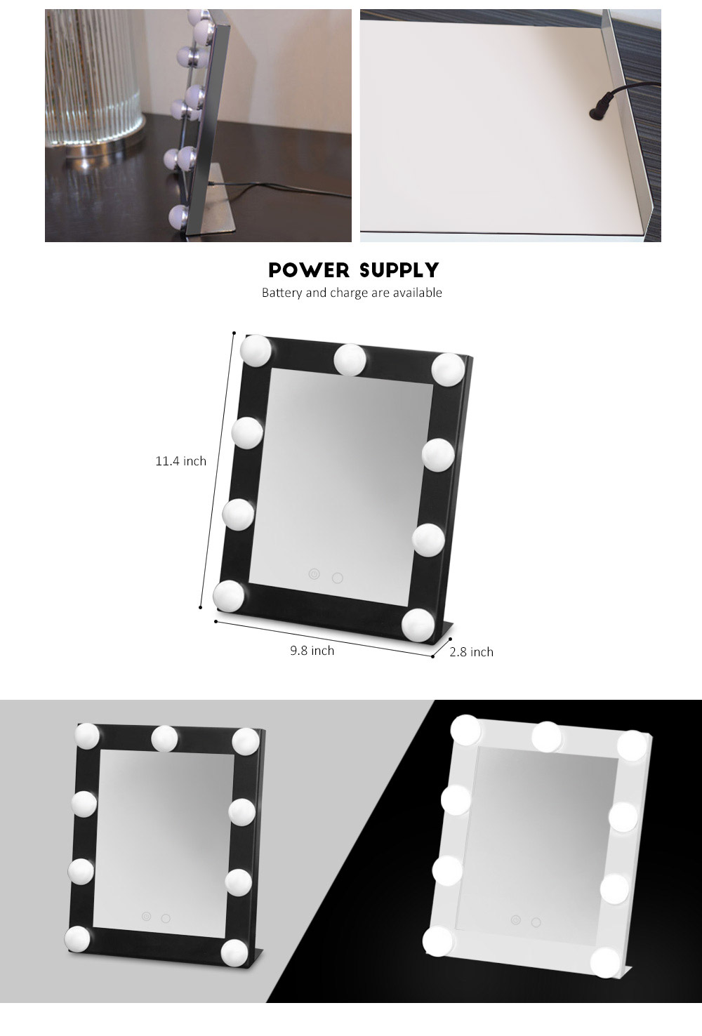 Table Square Single LED Model Portable Makeup Mirror with Bulbs Import Glass